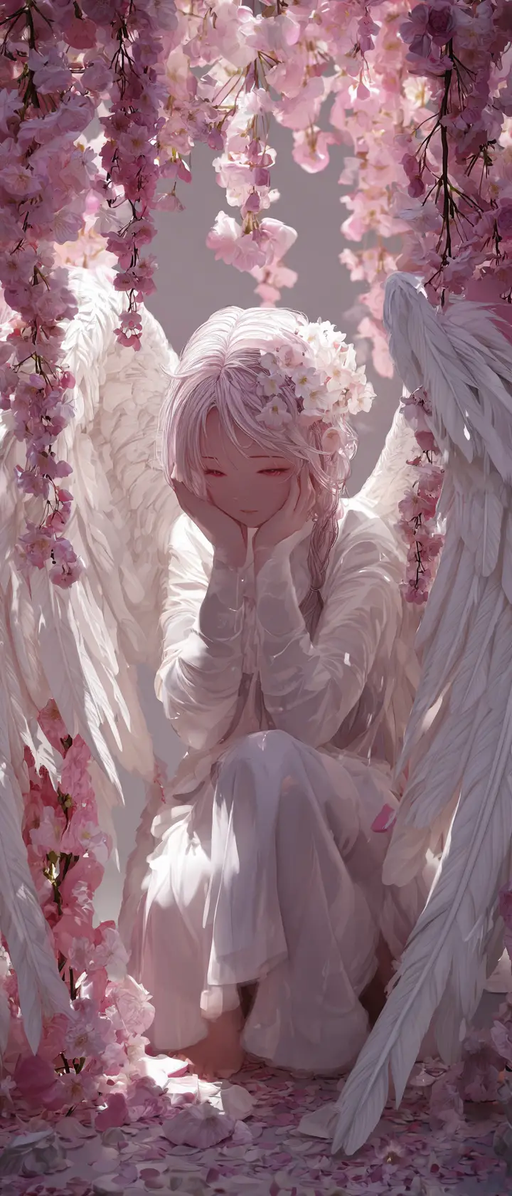 Anime angel girl in falling cherry blossom farewell