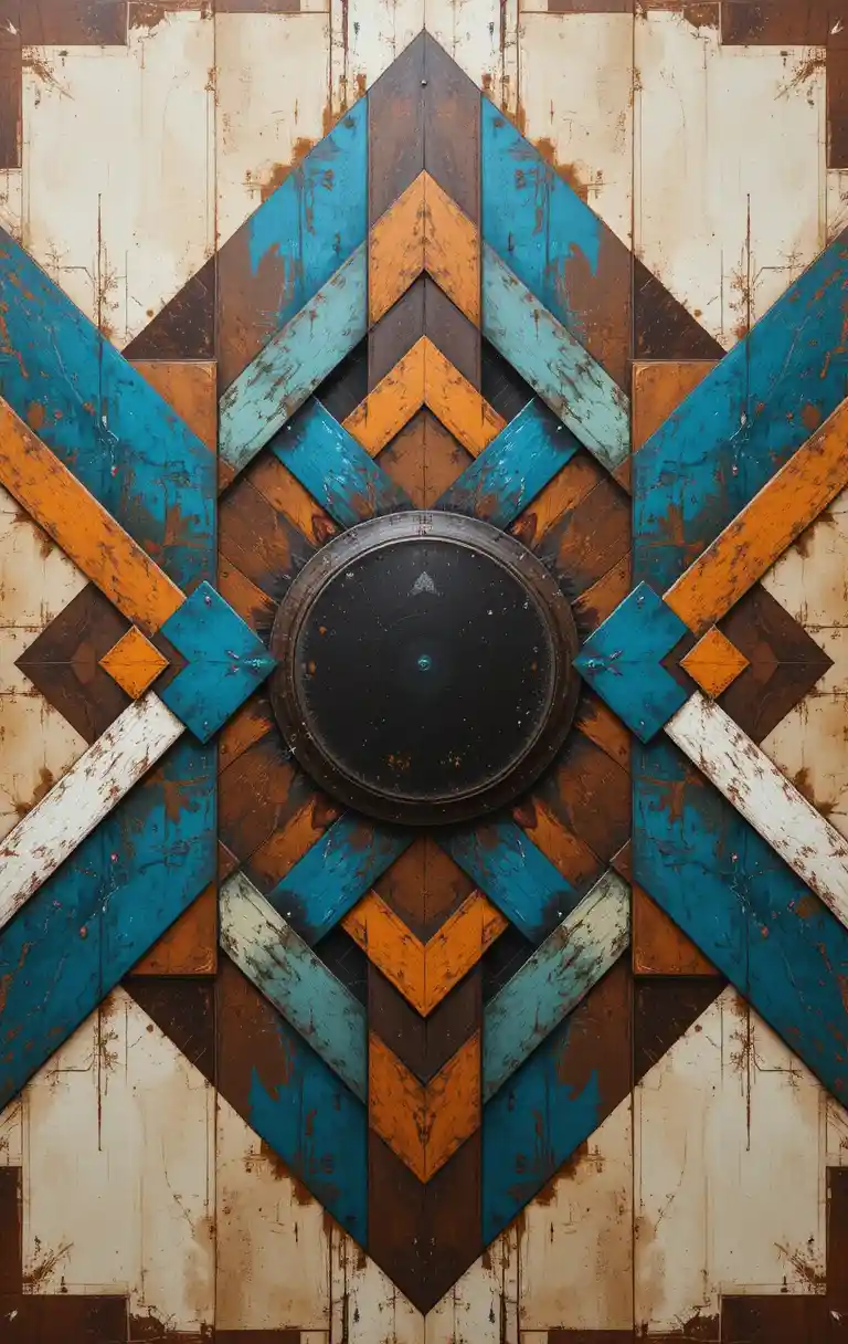 Struttura mandala geometrica simmetrica in tonalità blu e ruggine