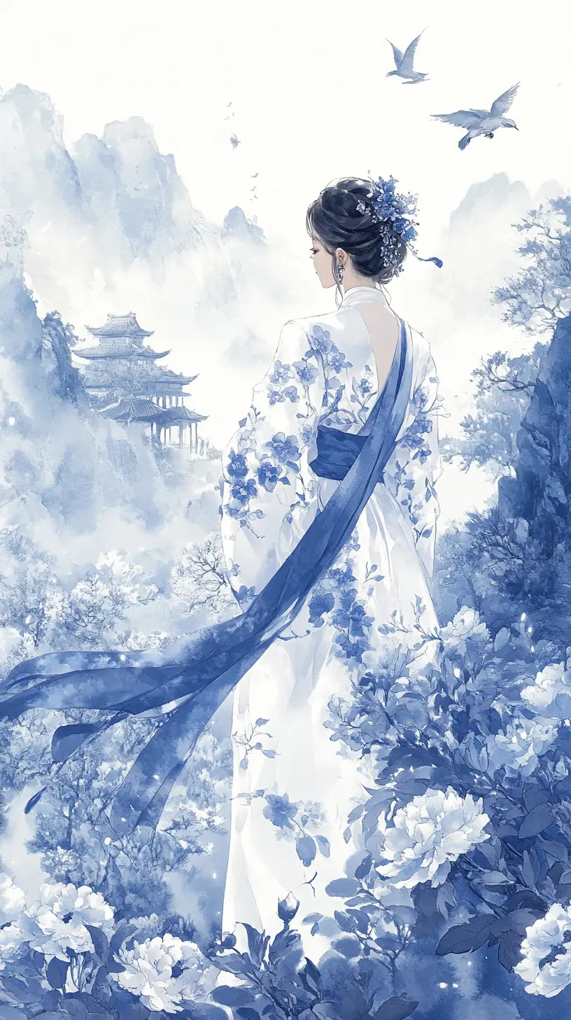 Elegant Asian woman in blue and white floral dress