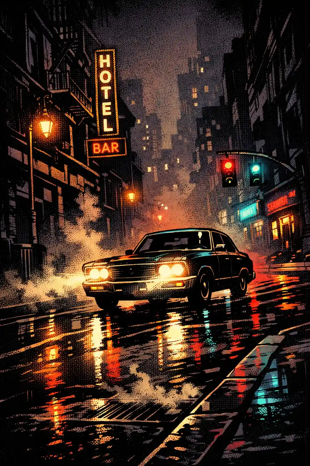 Auto rast durch eine verlassene Neonstadt bei Nacht