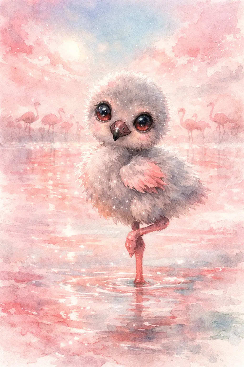Baby flamingo chick in a tranquil pink lagoon watercolor