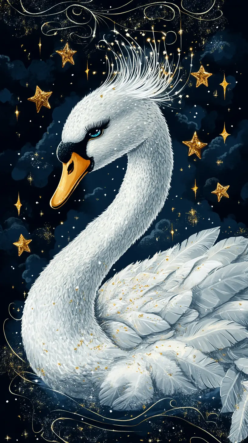 Elegant swan diva in glowing cosmic crystal starlight