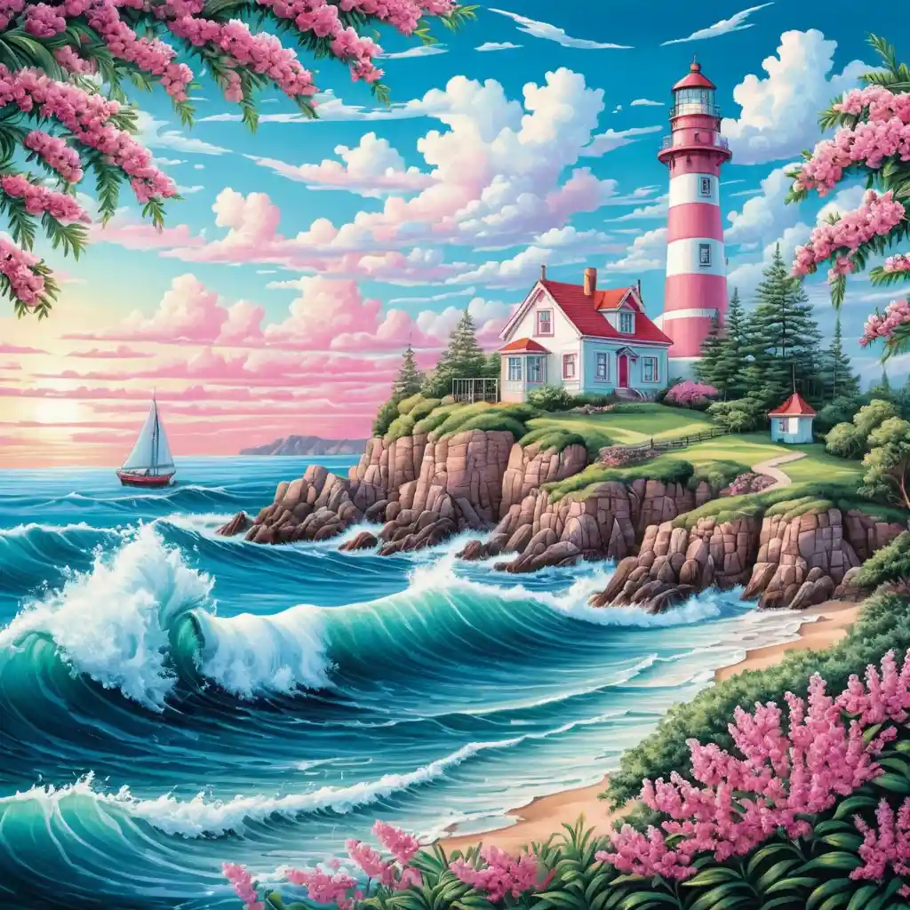 Summer seaside lighthouse with waves and pink flowers