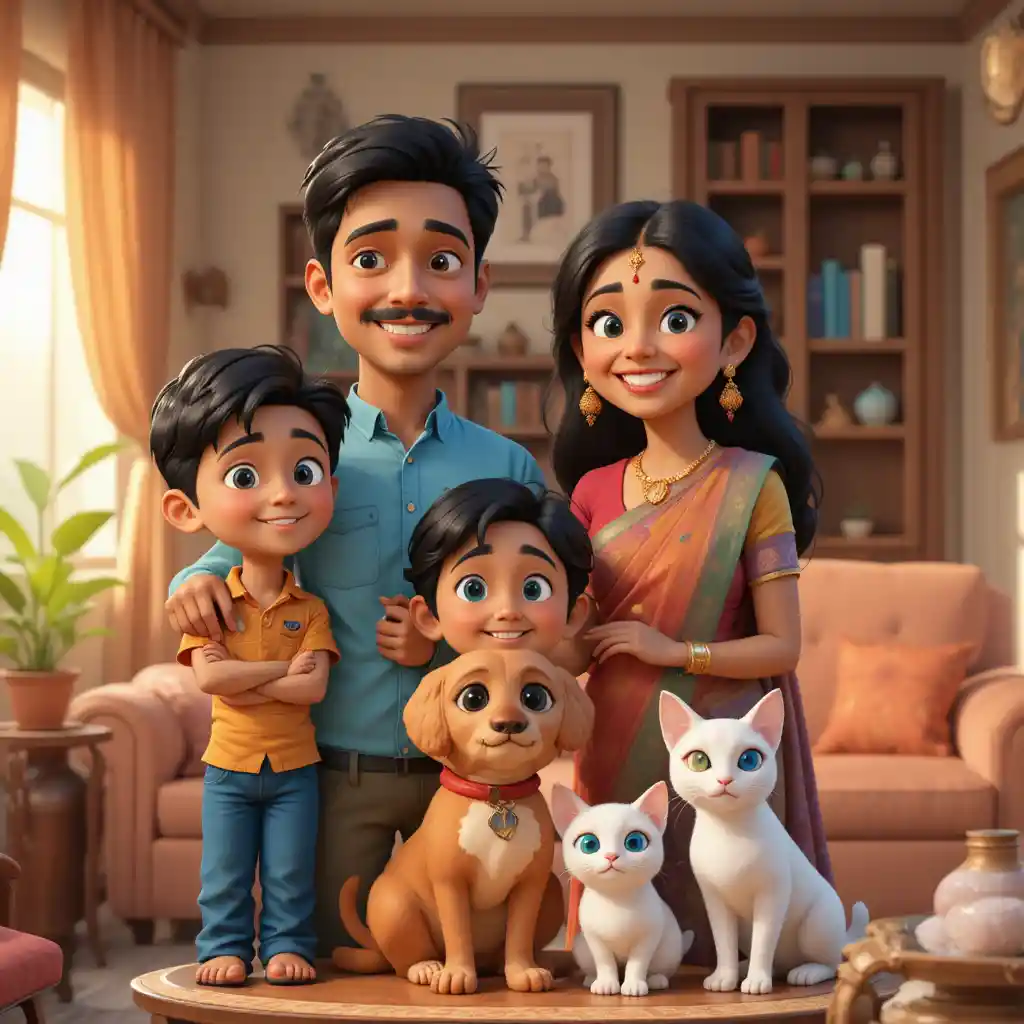 Happy Indian family with dog and cat at home
