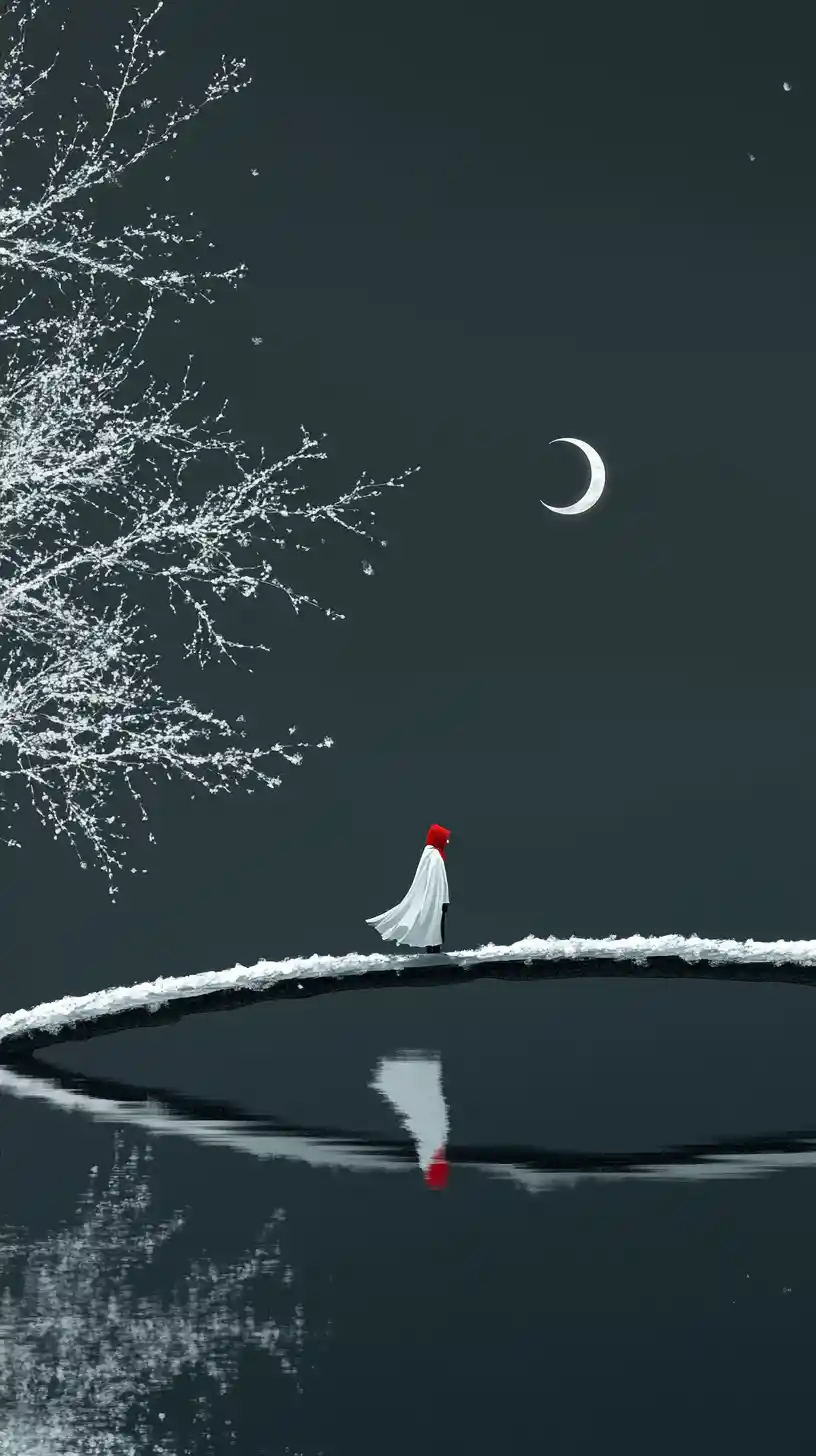 Lone cloaked figure on glassy bridge over black lake