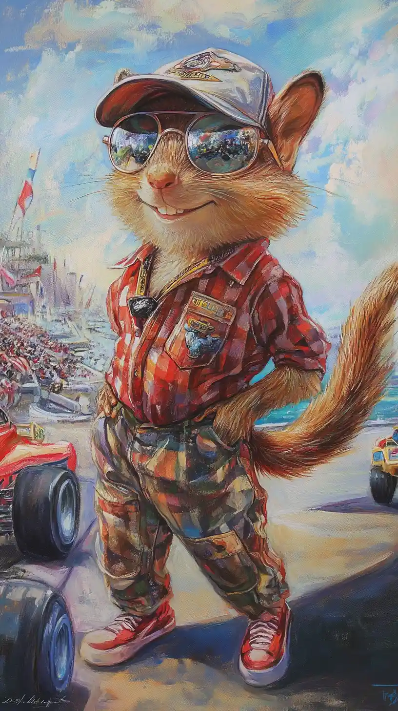Happy chipmunk athlete at a Monaco car racing track