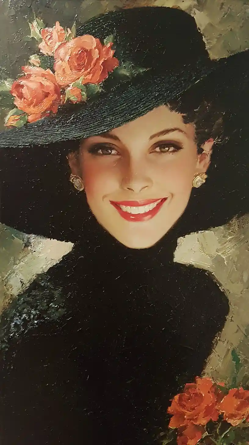 Vintage lady portrait with black hat and bright roses