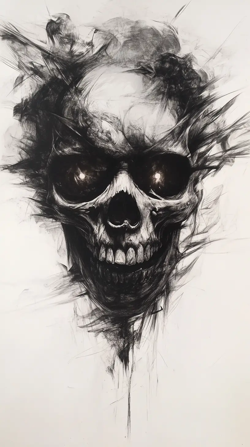 Psychedelic Skull With Glowing Eyes In Charcoal Drawing