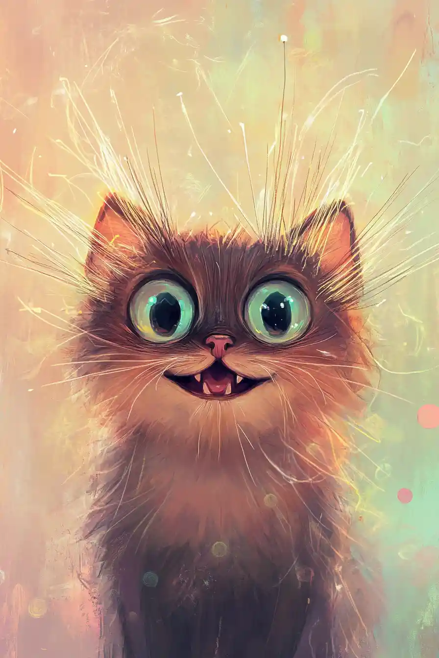 Whimsical smiling cat with bright expressive eyes