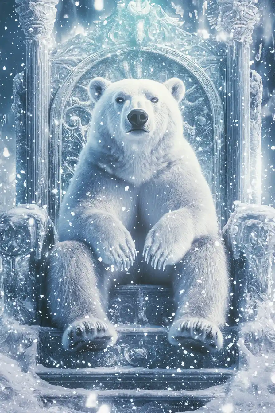 Regal polar bear on an icy throne with glittering snow