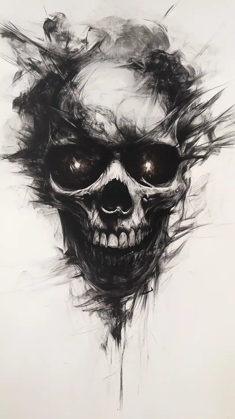 Psychedelic Skull With Glowing Eyes In Charcoal Drawing