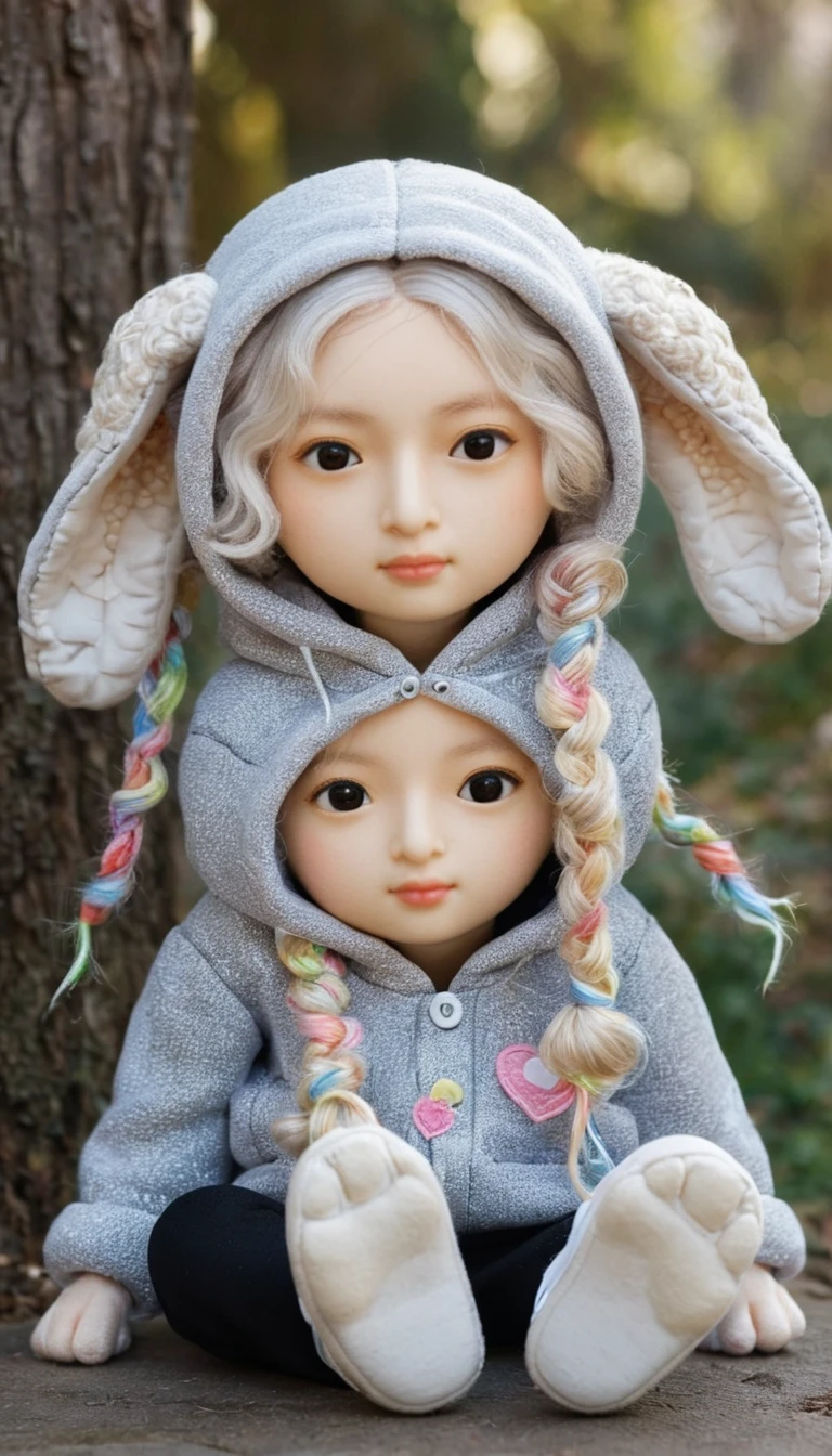 후디와 큰 스니커즈를 신은 귀여운 양 인형 소녀