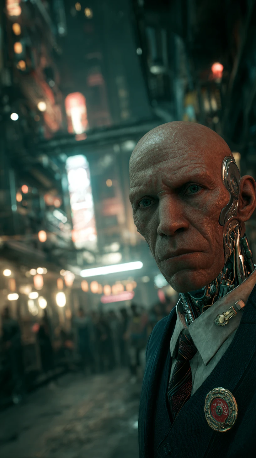 Cyborg businessman grimacing on a dark futuristic street