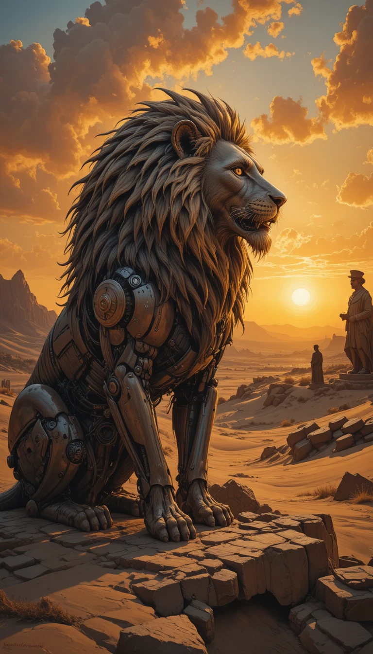 León mecánico que contempla un vasto desierto al atardecer