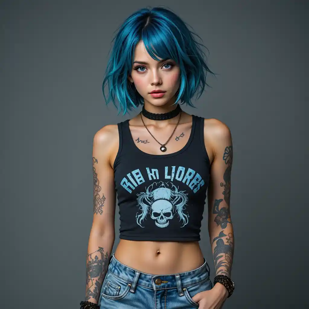 Young punk girl with blue eyes in tank top and jeans