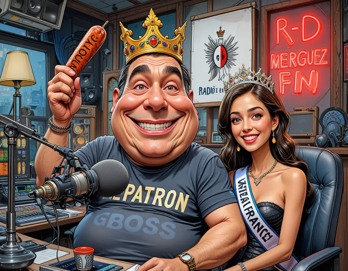 Playful radio host with sausage scepter and beauty queen