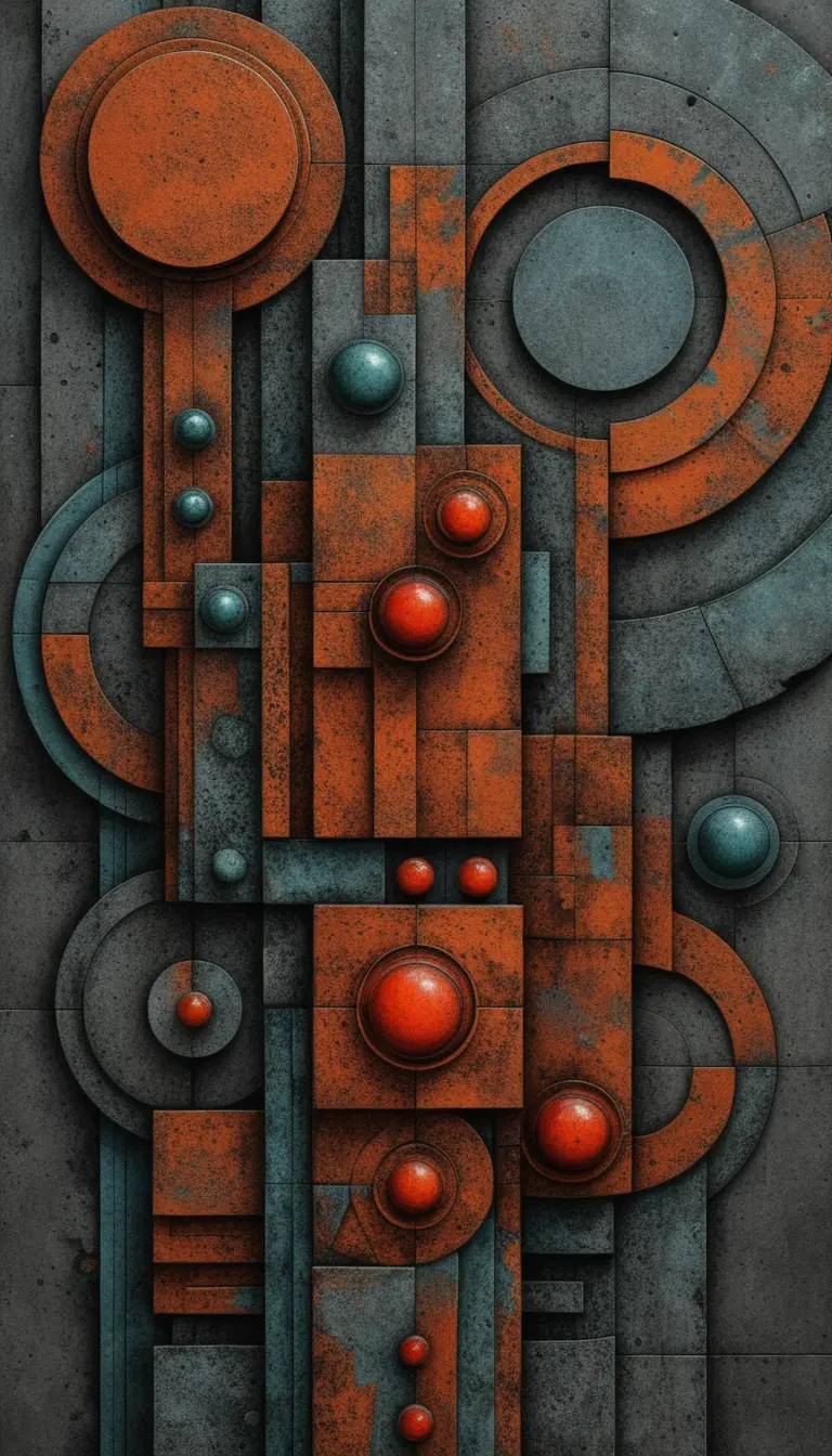 Torre geometrica brutalista astratta con sfere rosse luminose