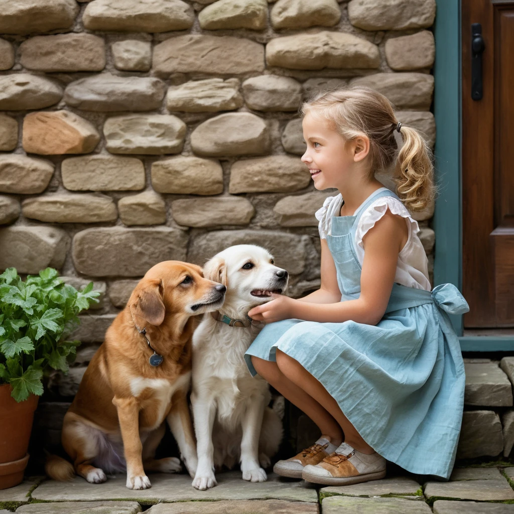 Petite fille partageant une friandise avec un chien sur un muret de pierre