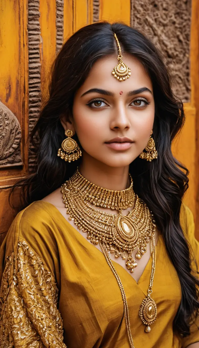 Sensual Indian woman on luxurious palace bed at sunset