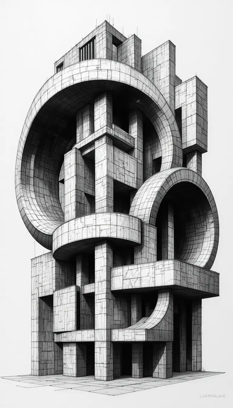 Intricate Abstract Architectural Ink Drawing With Curved Forms