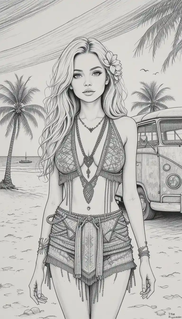 Croquis au crayon d’une fille hippie aguicheuse sur une plage ensoleillée
