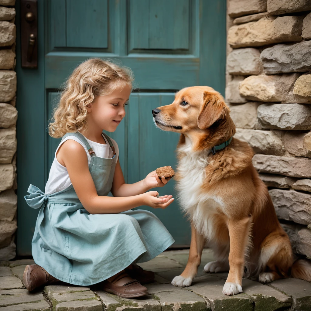 Little girl and dog sharing a treat on stone wall