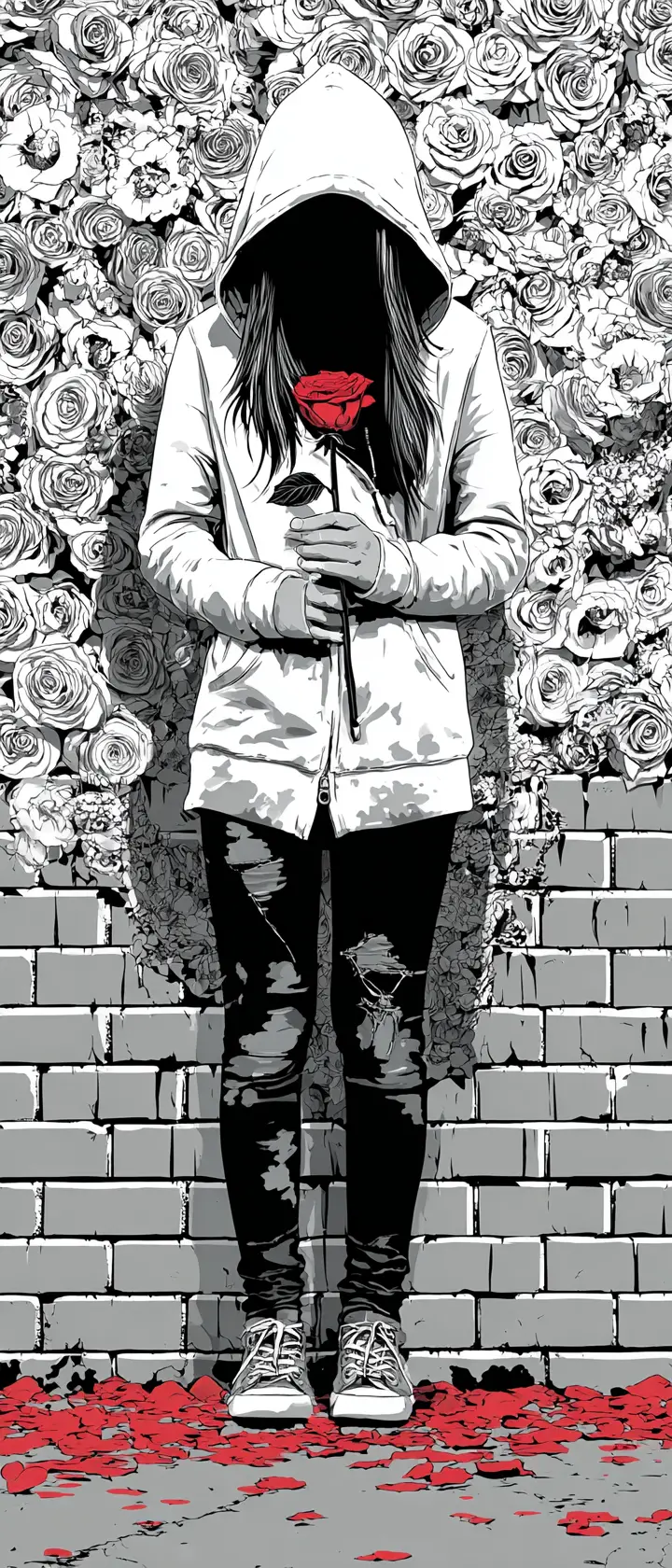 Anime woman before wilted flower mural with red rose
