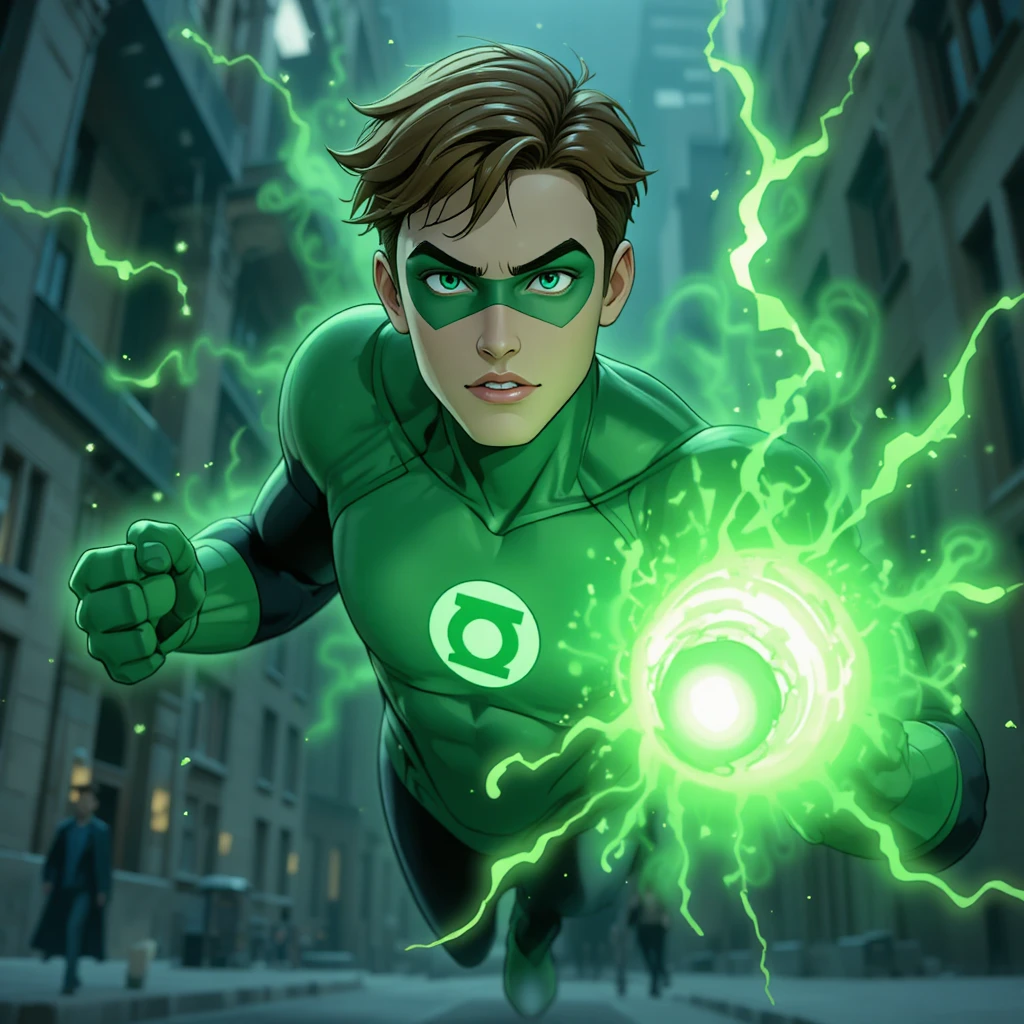 Male green clad superhero flying above a bright city