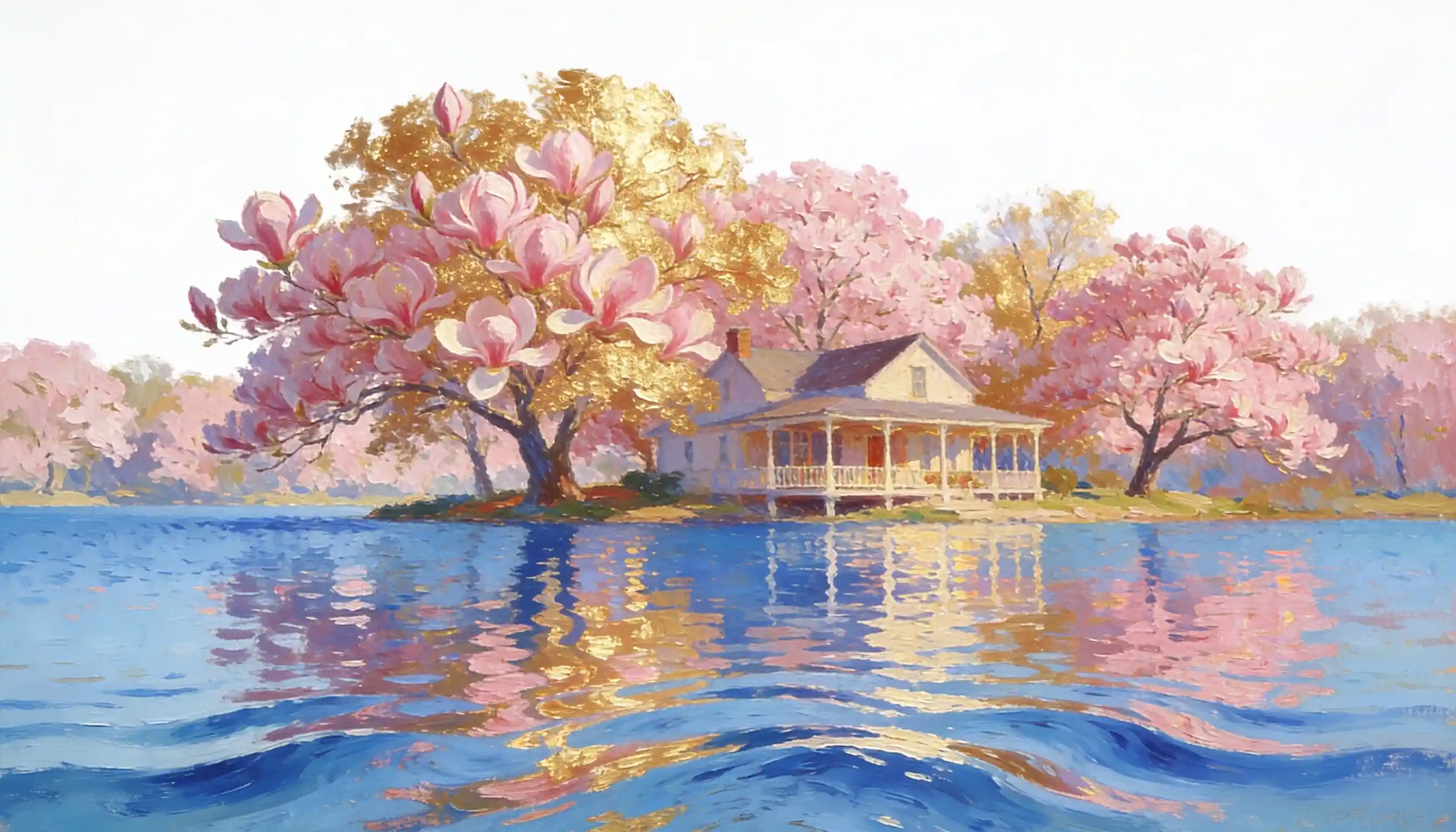 Lago blu con magnolie e locanda di campagna