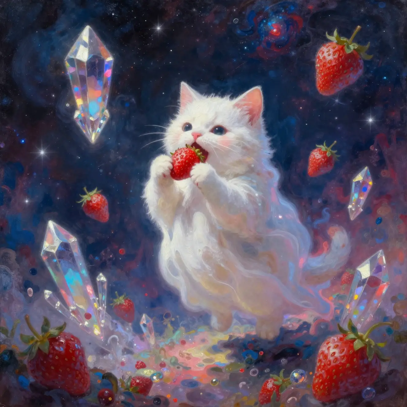 Cute ghost cat eating strawberries in cosmic dreamscape