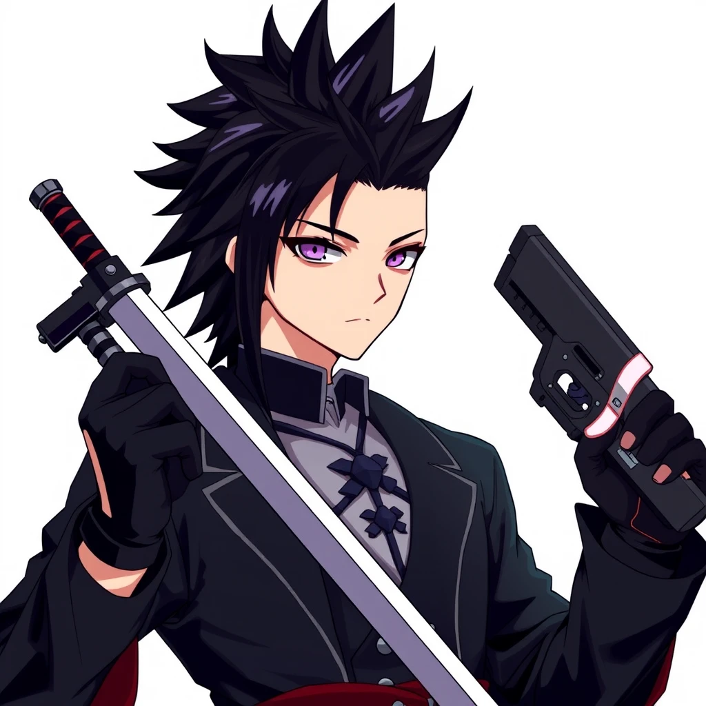 Guerrero cazador de demonios de anime listo con espada y pistola