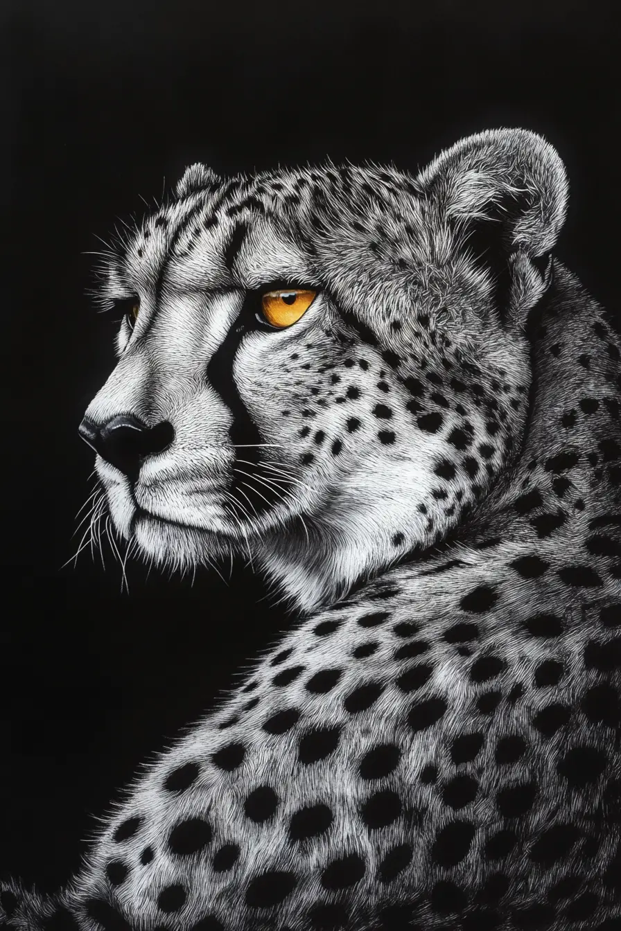 Monochrome cheetah resting in profile against black background
