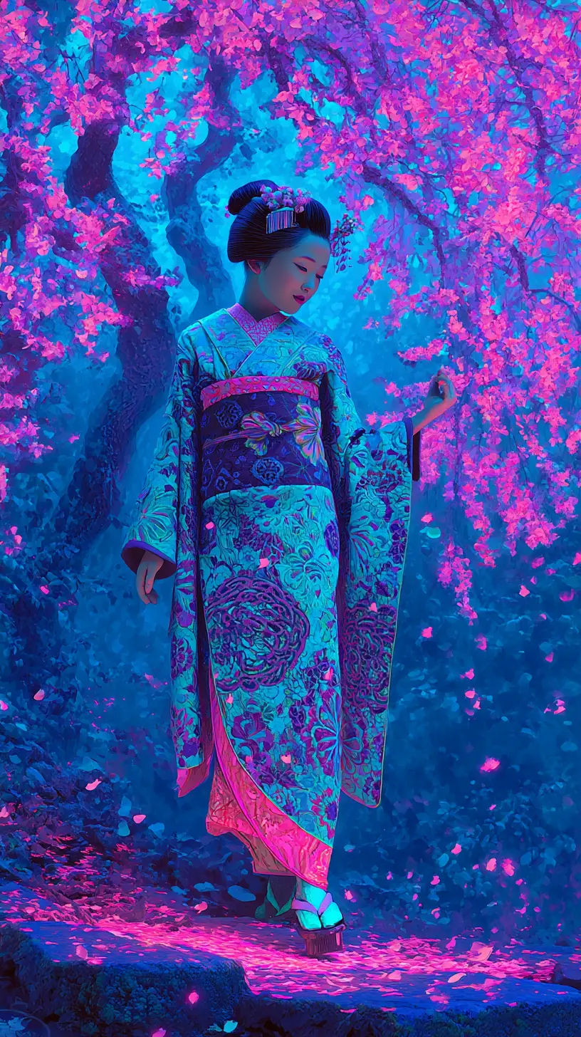Neon geisha under glowing cherry blossom tree at night