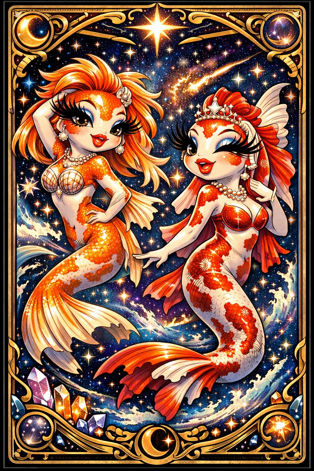 Deslumbrantes divas koi girando en un luminoso océano cósmico