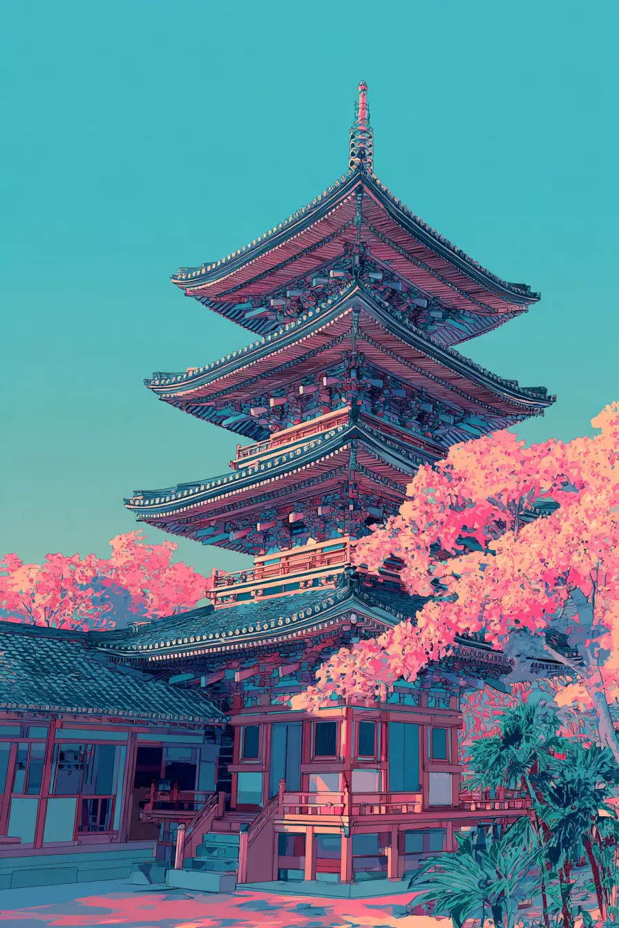 Futuristic abstract zen pagoda in glowing pastel colors