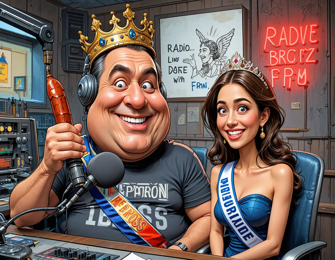 Humorous radio host with crown in colorful comic studio scene