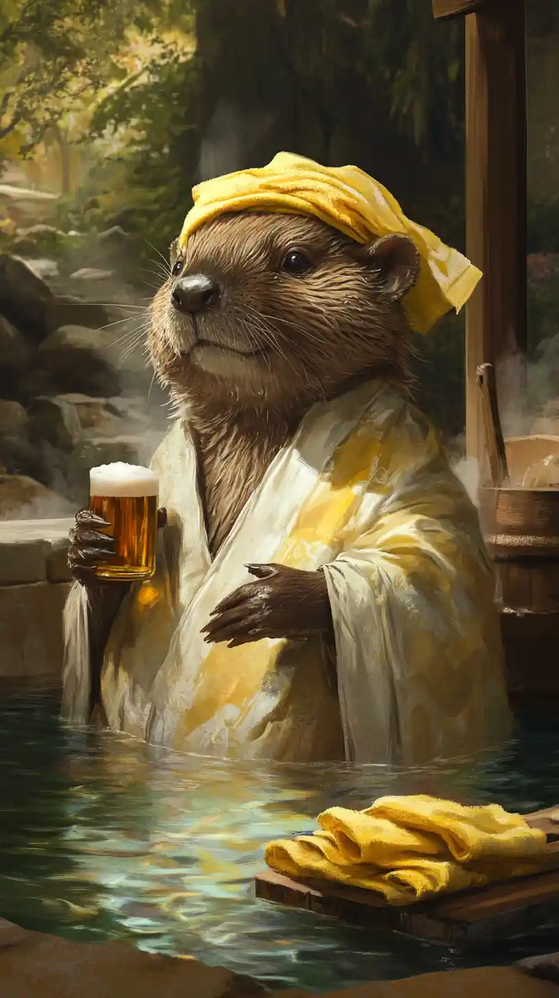 Cheerful Robotic Beaver Relaxing In A Steaming Sauna