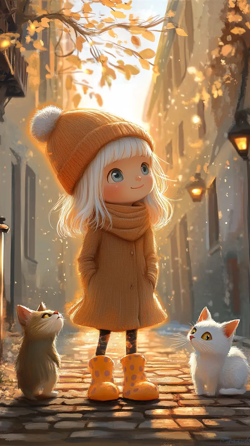 Cheerful girl in rainy european street with cat