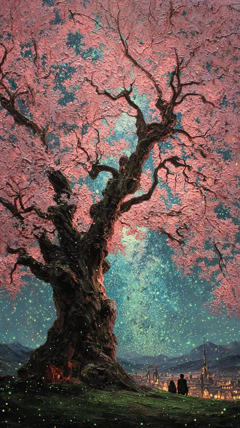Colossal Peach Blossom Tree Under A Starry Night Sky