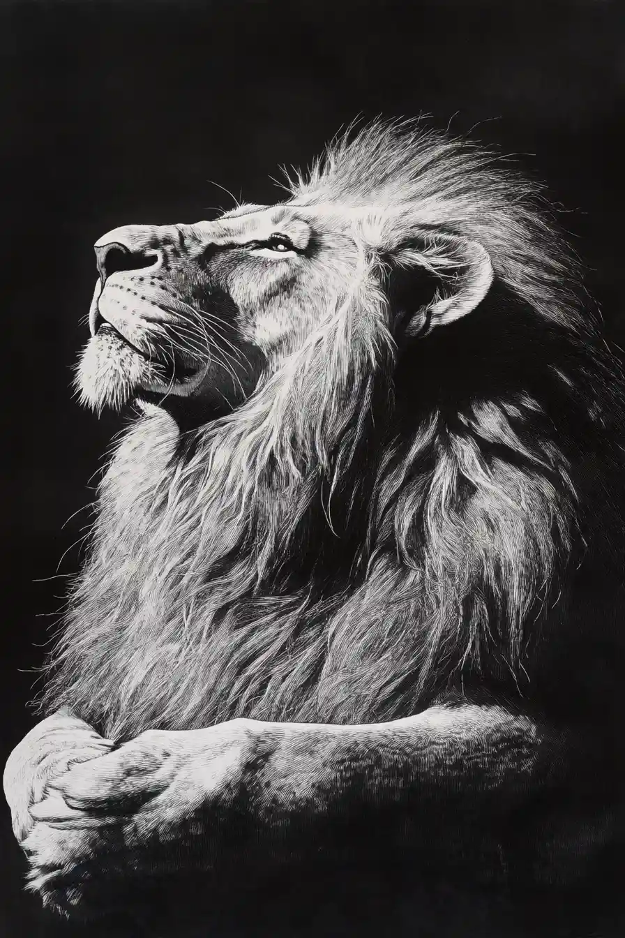Monochrome Lion Portrait Resting In Serene Darkness