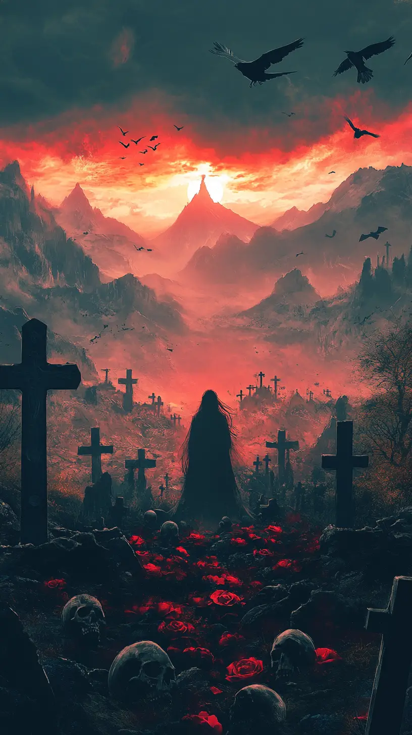 Ethereal female silhouette with inner fiery graveyard vision