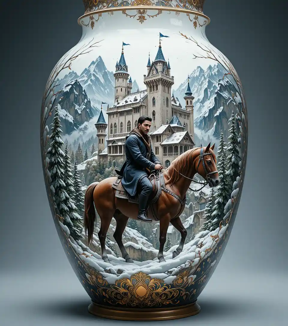 Hombre a caballo ante un castillo invernal en jarrón ornamentado