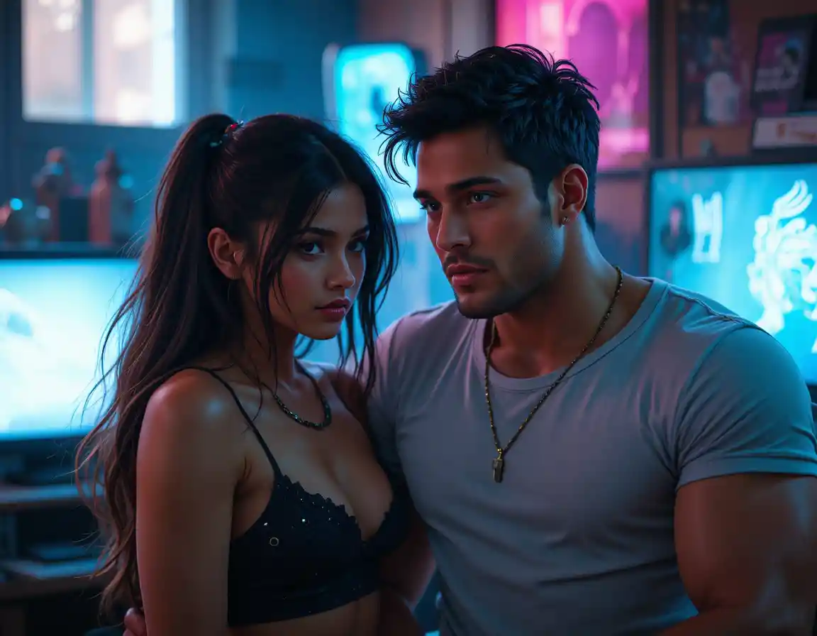 Young couple relaxing together in front of television