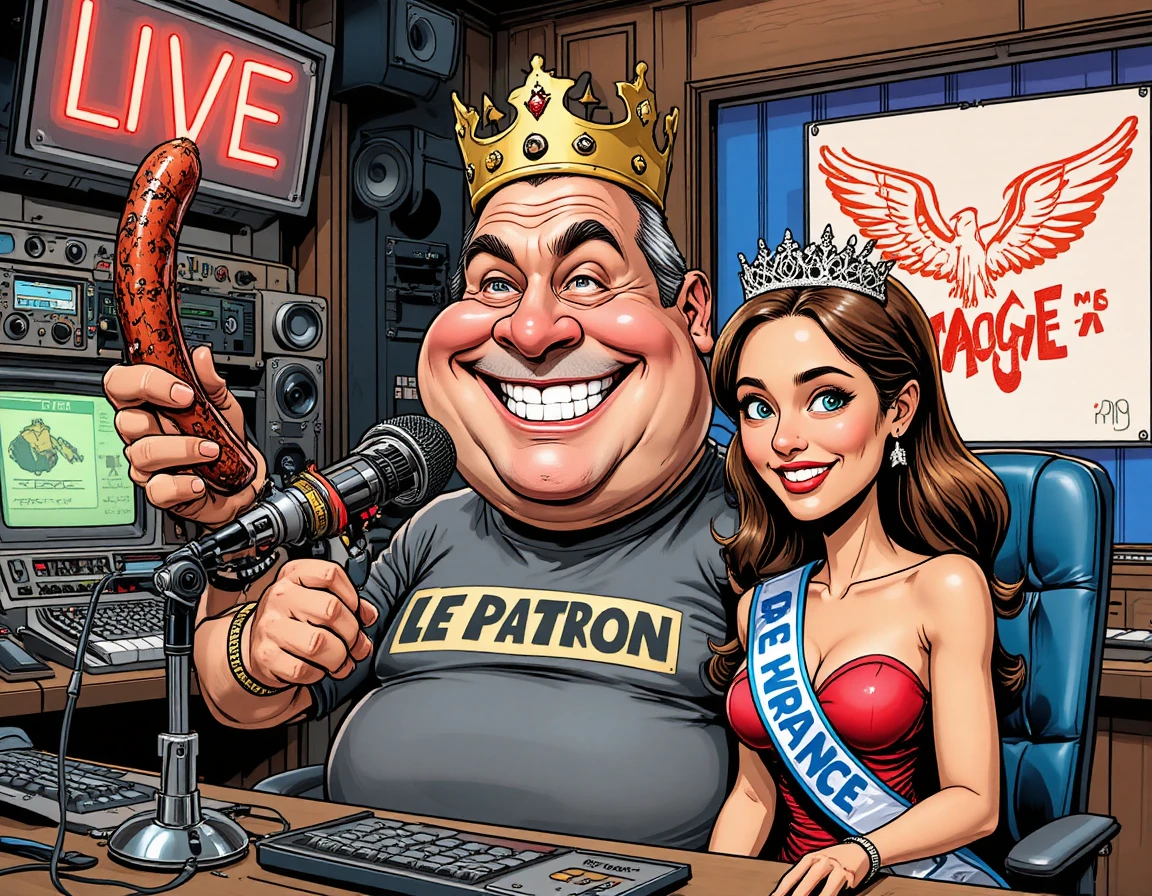 Portly radio host clowning with sausage scepter in studio