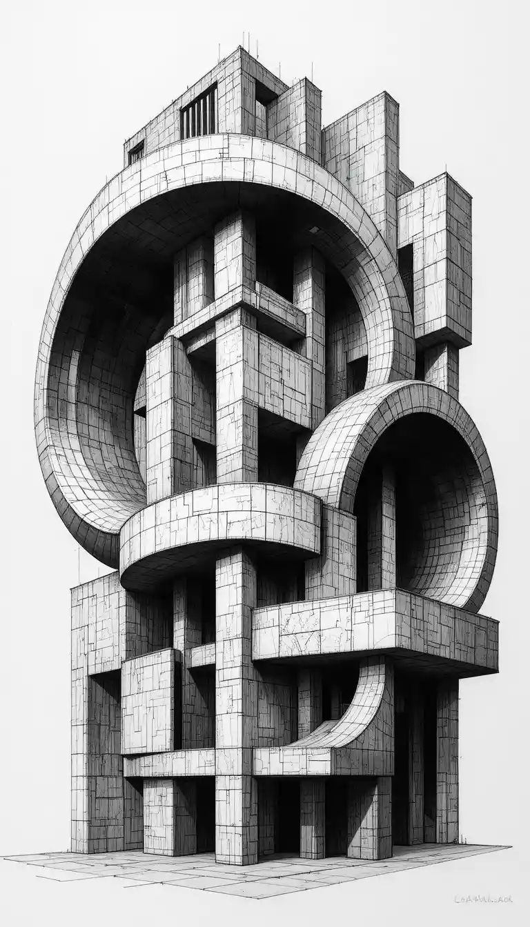 Intricate Abstract Architectural Ink Drawing With Curved Forms