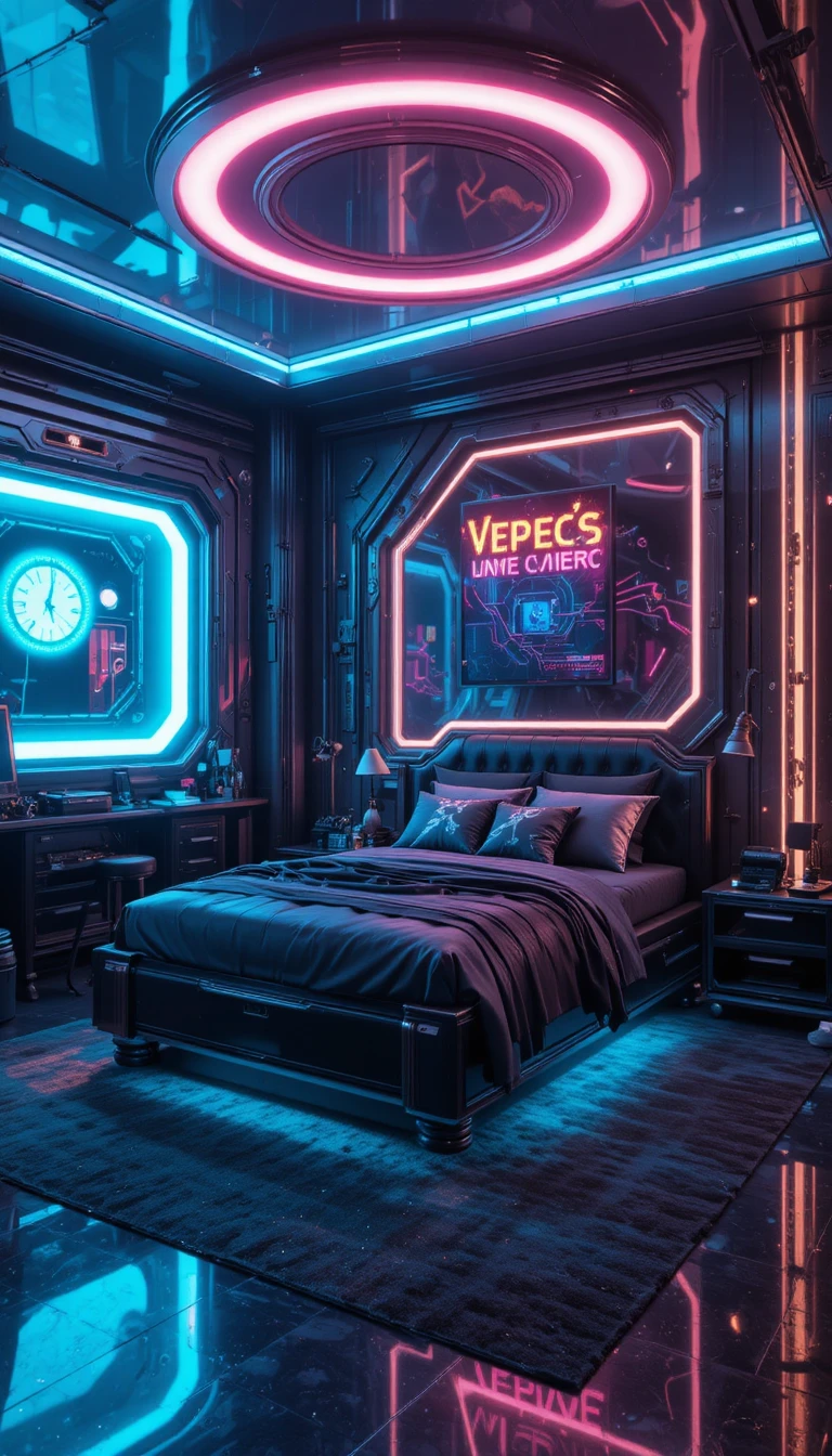 Dormitorio futurista cyberpunk con luces de neón y cama elegante