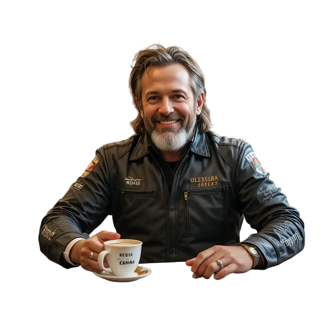 Smiling biker enjoying a free coffee at a cozy bar
