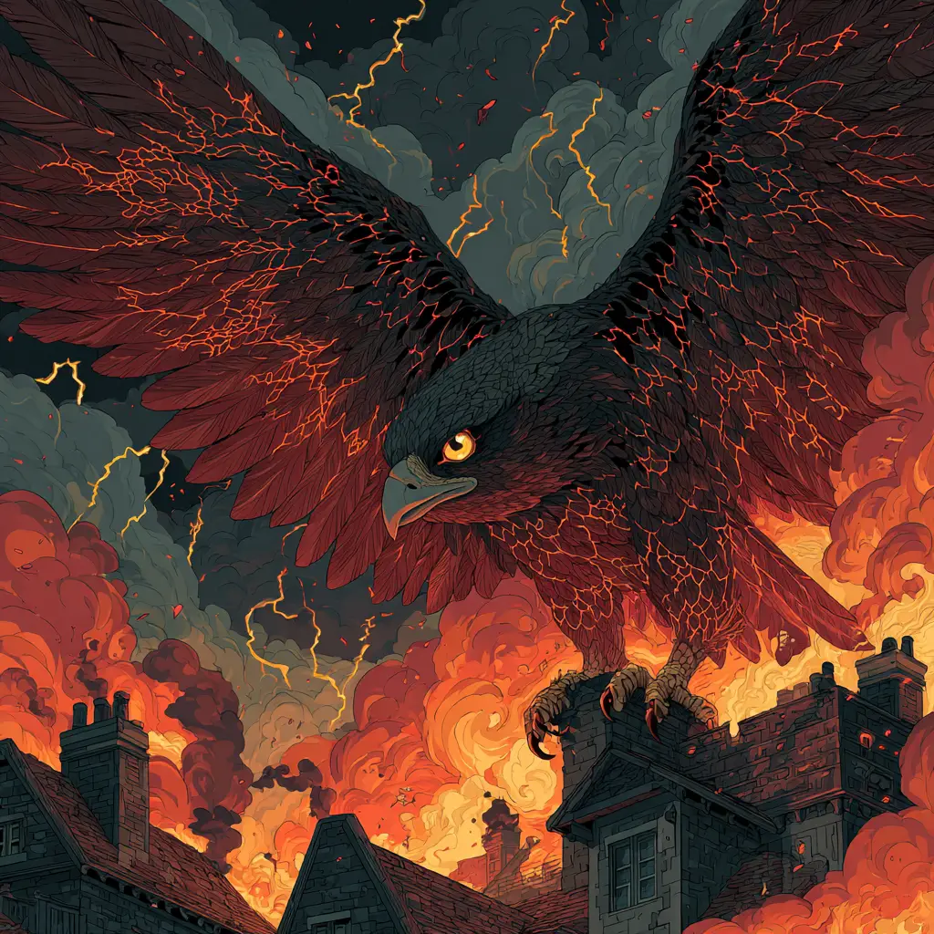 Colossal Fire Eagle Rising Over Collapsing Fantasy City