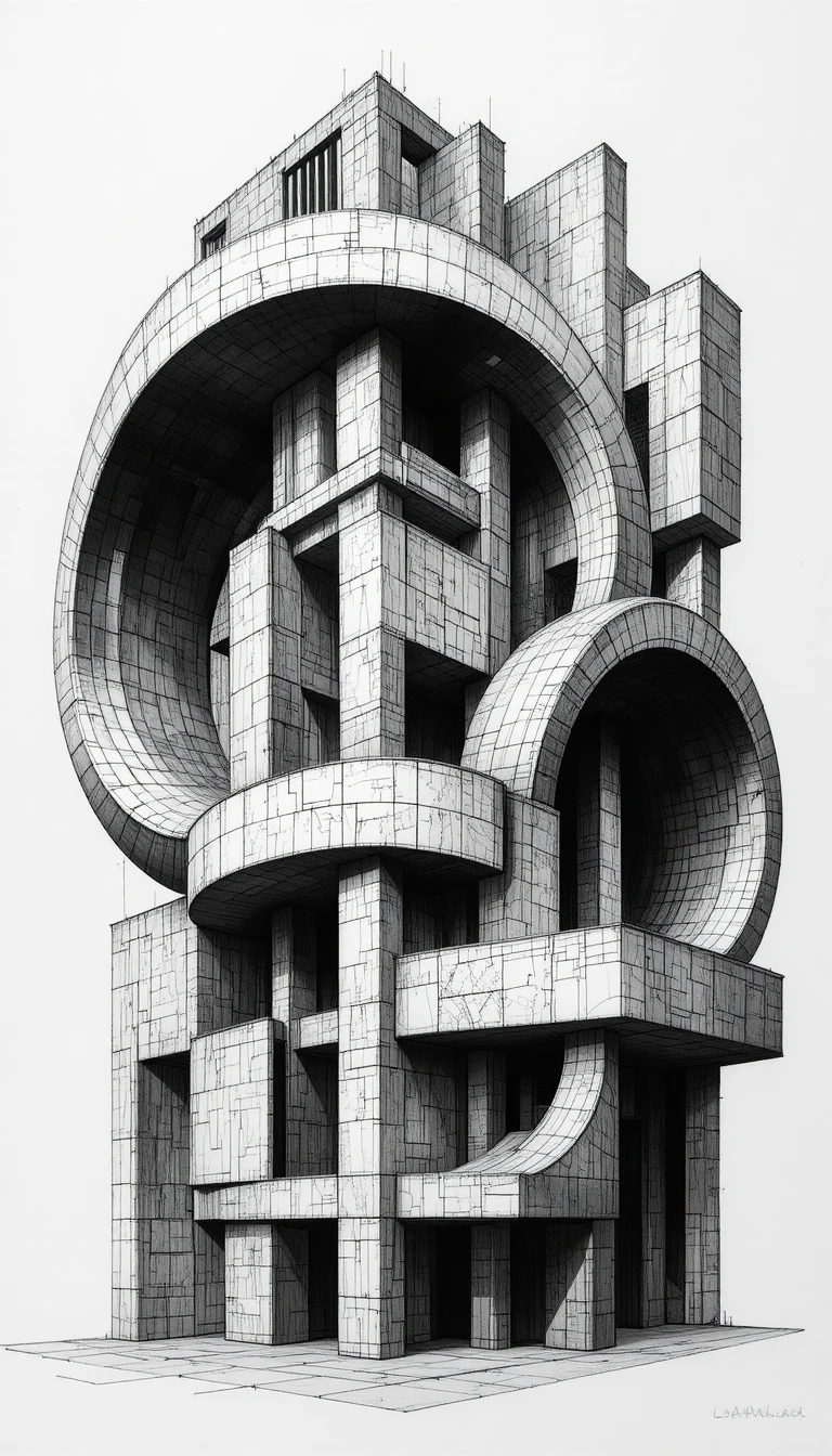 Detaillierte abstrakte architektonische Tintenzeichnung mit geschwungenen Formen