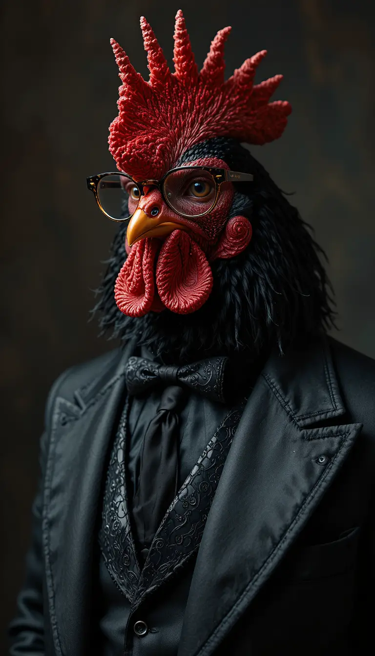 Elegante gallina professoressa in abito di seta nera e occhiali